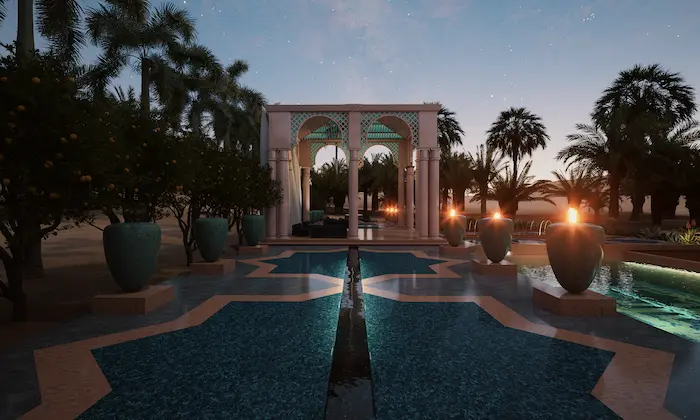 Jardín árabe en Marrakech con fuente geométrica, iluminación cálida con fuego y arquitectura tradicional en escena nocturna