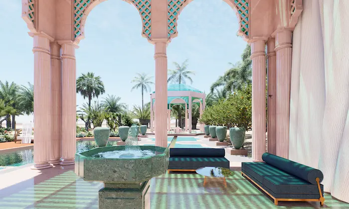 Pabellón marroquí con columnas rosas, fuente verde y mobiliario elegante en jardín paisajístico de lujo