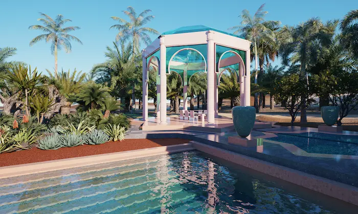 Pabellón con techo de cristal turquesa y fuente escalonada rodeado de vegetación tropical en jardín árabe de Marrakech