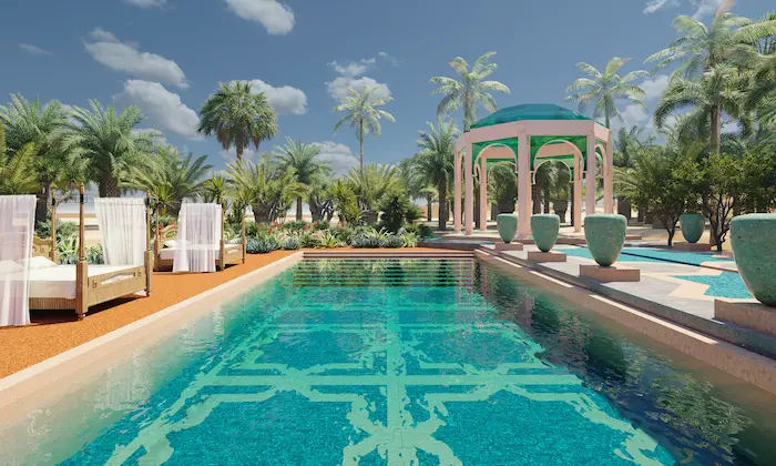 Piscina reflectante rodeada de arquitectura islámica y palmeras en jardín de lujo en Marrakech