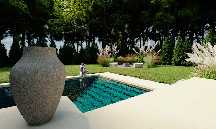 Piscina exterior rodeada de jardín perenne y bosque, con jarrón decorativo en villa privada en Polonia.