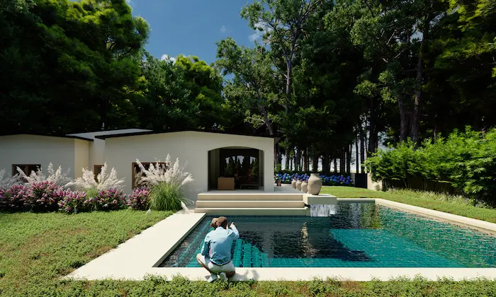 Diseño paisajístico con piscina y cascada en jardín perenne de villa moderna en Polonia