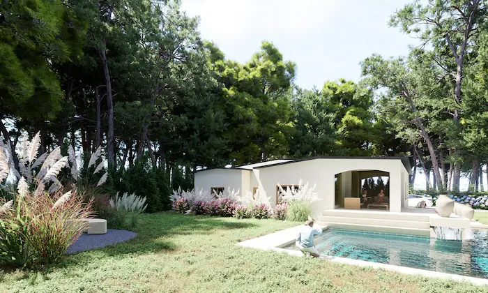 Piscina con fuente decorativa y vegetación perenne en entorno residencial moderno en Polonia