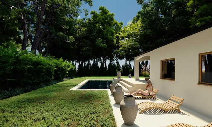 Zona de relax con tumbonas y piscina en jardín perenne de villa privada en Polonia