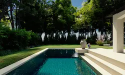 Piscina rectangular con césped y vegetación resistente al invierno en jardín de villa privada en Polonia