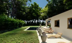 Zona de relax con tumbonas y piscina en jardín perenne de villa privada en Polonia, rodeada de vegetación y árboles