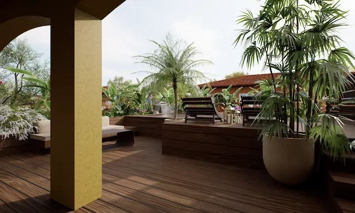 Vista general de terraza urbana con diseño paisajístico sostenible