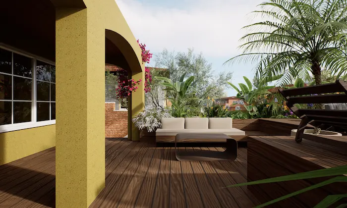 Sofá empotrado junto a piscina en terraza con atmósfera tipo spa