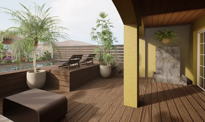 Detalle de tarima de bambú tratada en terraza ecológica