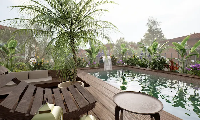 Terraza moderna con piscina integrada y tarima de bambú en Barcelona