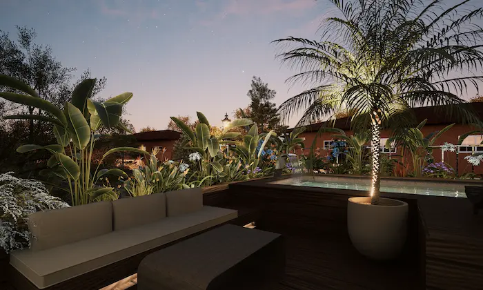 Barrera vegetal con Strelitzia y Agapanthus para privacidad en terraza