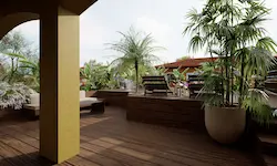 Zona de descanso con vegetación mediterránea y mobiliario empotrado