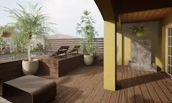 Zona de descanso con vegetación mediterránea y mobiliario empotrado