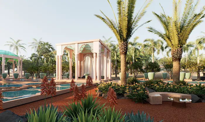 Pabellón rosa con vegetación tropical, banco curvo y elementos ornamentales en jardín de lujo en Marrakech