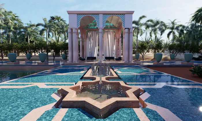 Diseño paisajístico árabe en Marrakech con fuente estrellada, pabellón ornamentado y vegetación tropical en jardín de lujo