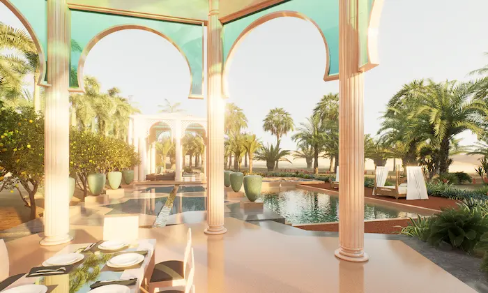 Pabellón con techo turquesa y fuente escalonada rodeado de vegetación tropical en jardín árabe de Marrakech