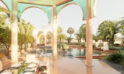 Pabellón con techo turquesa de cristal y fuente escalonada rodeado de palmeras y vegetación tropical en jardín marroquí de lujo
