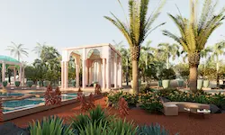 Pabellón rosa con vegetación exuberante, banco curvo y elementos ornamentales en jardín de lujo en Marrakech