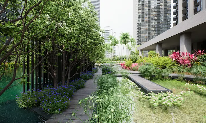 Render de jardín ecológico en complejo residencial con integración de agua, vegetación y arquitectura