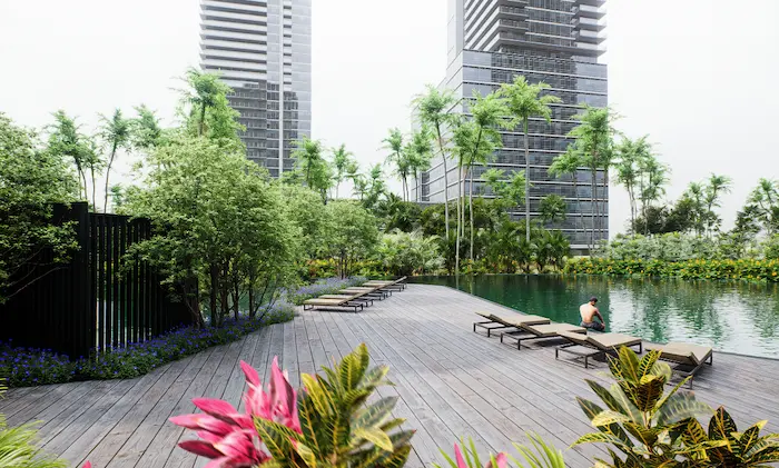 Piscina recreativa con forma orgánica y bordes vegetales en complejo residencial