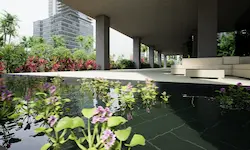 Render fotorealista de spa exterior integrado en paisaje tropical con arquitectura minimalista