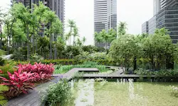 Render de jardín ecológico en complejo residencial con integración de agua, vegetación y arquitectura