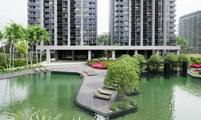 Lago artificial con diseño orgánico y materiales sostenibles en entorno residencial