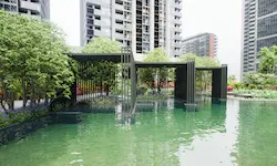 Render fotorealista de spa exterior integrado en paisaje tropical con arquitectura minimalista