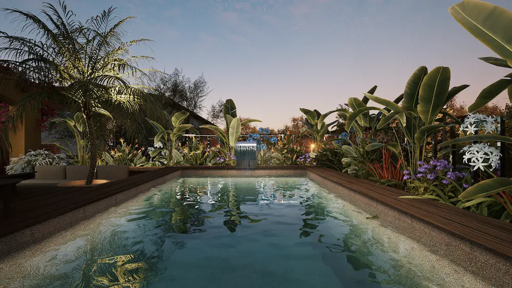 Twilight tropical garden with illuminated pool and waterfall – luxury outdoor landscape design for warm climates