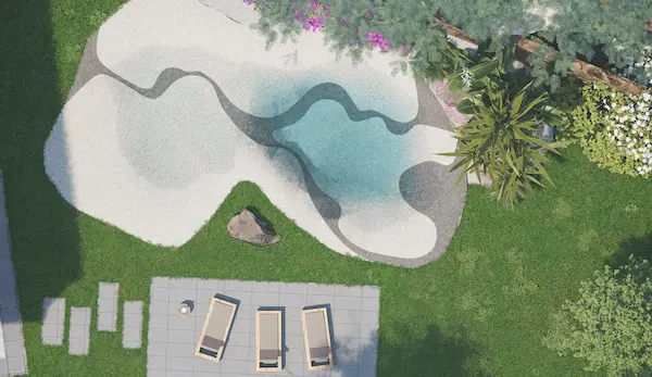 Aerial view of an organic‑shaped pool surrounded by lawn and Mediterranean vegetation in the interior of Catalonia.