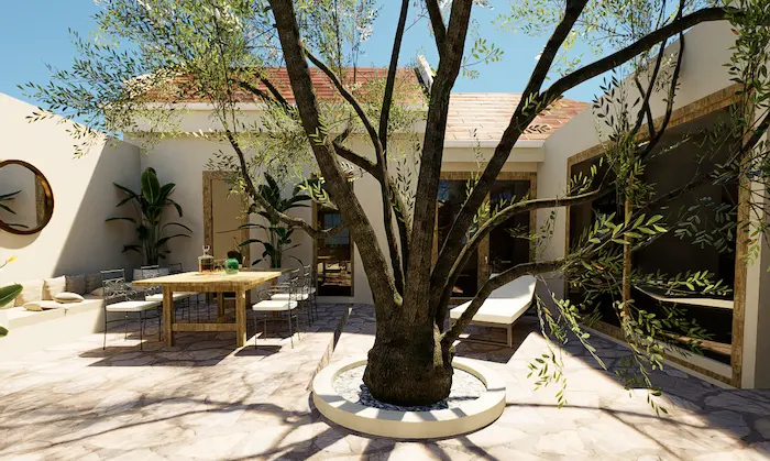 Residential courtyard with a central olive tree, outdoor dining area and wooden furniture in a landscape design in Madrid