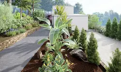 Garden path with Mediterranean plants in a sustainable landscape in Catalonia