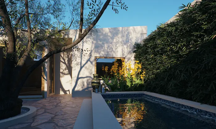 Narrow pool with stone edging, tropical planting and tree shade in a modern Madrid courtyard