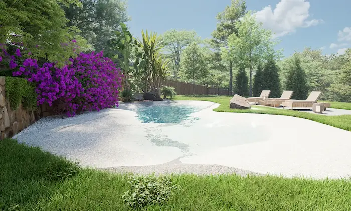 Freeform pool with beach-style entry surrounded by Mediterranean vegetation in Vilanova del Vallès