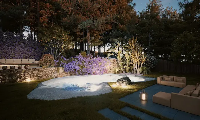 Piscina integrada en jardín mediterráneo con vegetación perenne e iluminación cálida al atardecer en Vilanova del Vallès