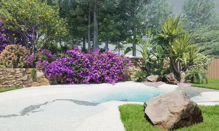 Organic pool with Mediterranean shrubs and lemon tree in sustainable garden in Vilanova del Vallès