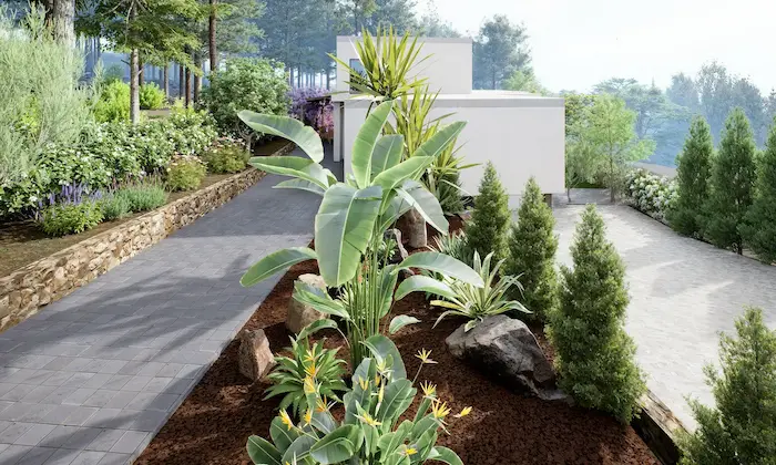 Sendero de jardín con plantas mediterráneas y diseño paisajístico sostenible frente a vivienda moderna en Vilanova del Vallès