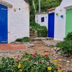 Callejón con puertas azules y verdes, flores y arquitectura mediterránea tradicional en costa brava