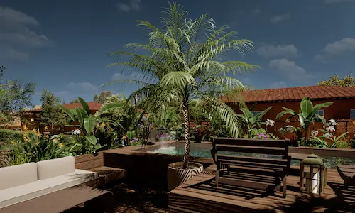 Jardín tropical con piscina, vegetación exuberante y mobiliario exterior en diseño paisajístico profesional