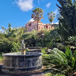 Jardín tropical con fuente circular y edificio histórico entre vegetación