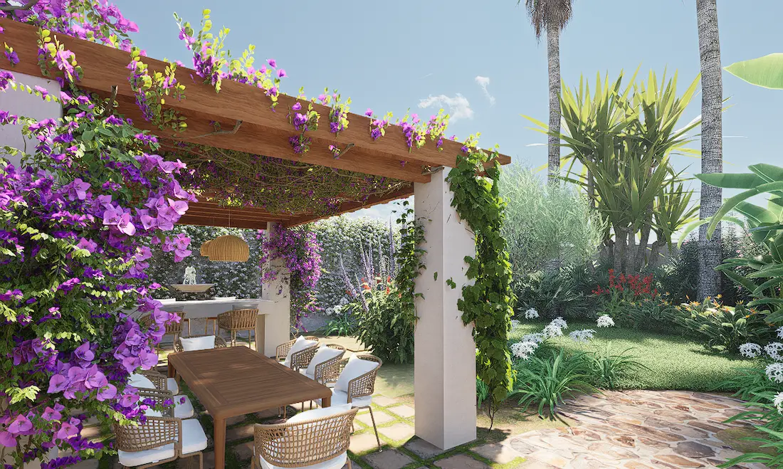 D-Visualisierung von Mediterrane Gartengestaltung für Villen auf Mallorca Mediterraner Villengarten mit Holzpergola, violetter Bougainvillea, Essbereich im Freien und üppiger Bepflanzung 3D-Visualisierung
